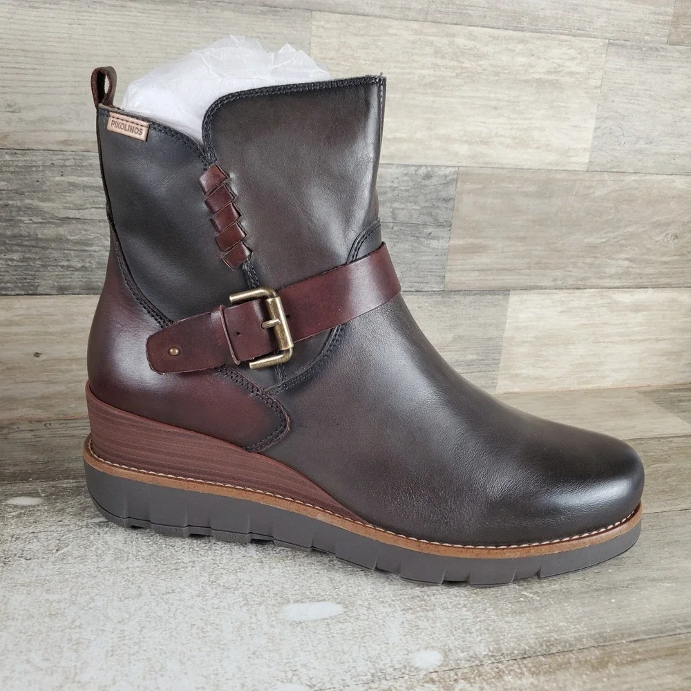 Pikolinos Sanlucar W8F Womens Ankle Boots Sz 10.5 Lead Leather Buckle Side Zip